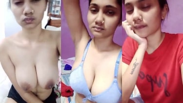 Slender girl showed her big boobs with hot expressions