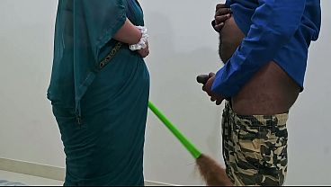 Jerking dick infront of maid and getting handjob